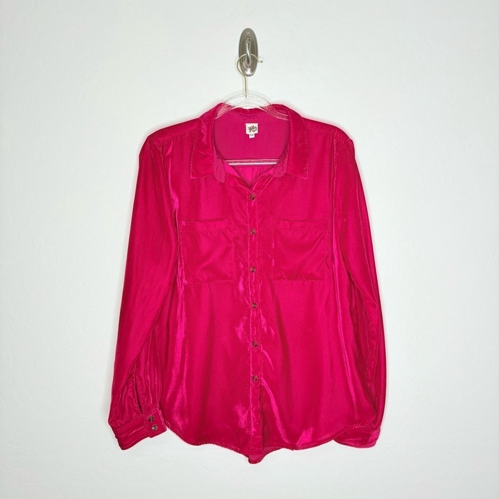 Ivy Jane Crushed Velvet Button Up Blouse Red Pink Long Sleeve Boho Shirt Medium